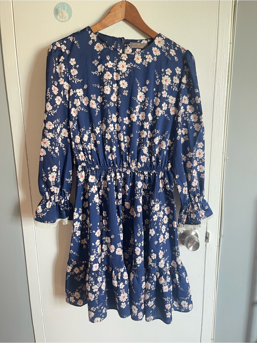 Navy Floral Long-Sleeve Ruffle Hem Dress Size 38 / M